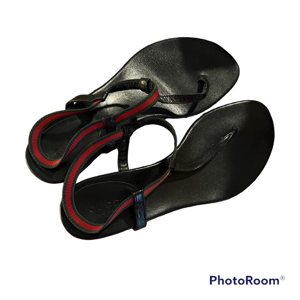 Gucci Areia Black T-Strap Sandal Leather Thong Size 10.5 Womens